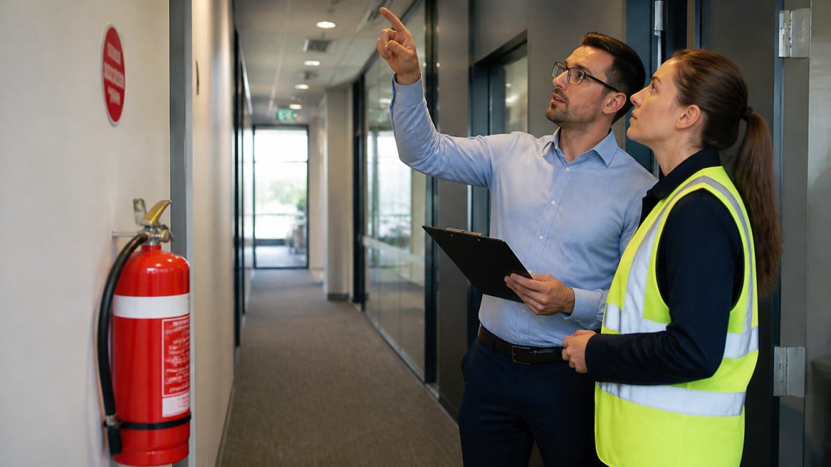Facility manager and fire engineer conducting a fire risk assessment review in a commercial corridor.