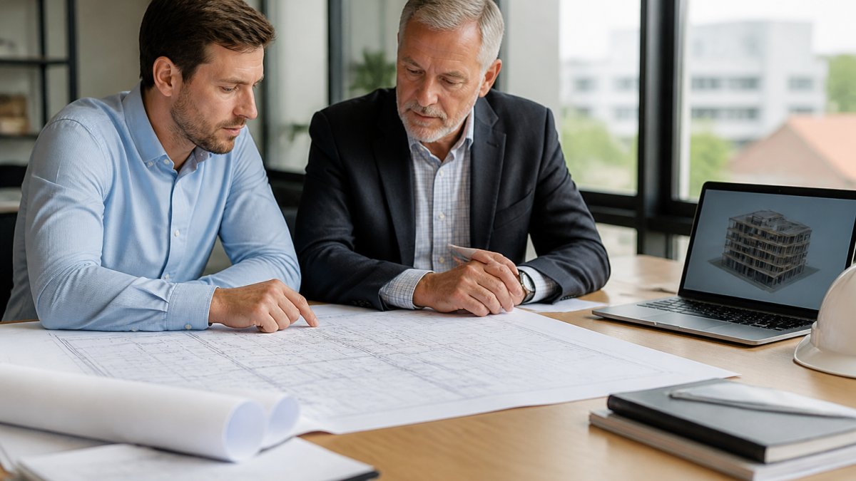 A chartered fire engineer and a project developer reviewing large-format apartment building plans spread across a meeting table in a bright office, with a laptop showing a building model nearby