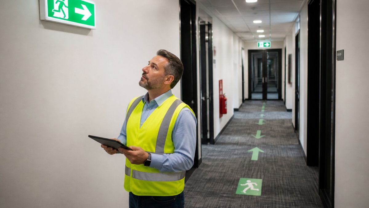 Fire safety inspector examining emergency exit signage and evacuation route markings in a modern commercial office corridor with fluorescent lighting and clear wayfinding