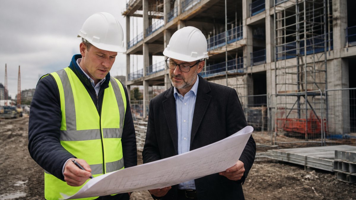 Fire engineer and architect reviewing building plans on a construction site under overcast morning light