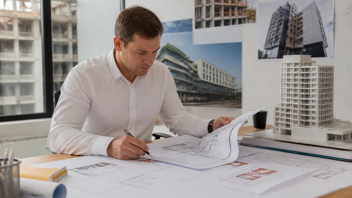 Professional fire engineer reviewing architectural blueprints and fire safety plans at a desk in modern office with construction site photographs and building models visible