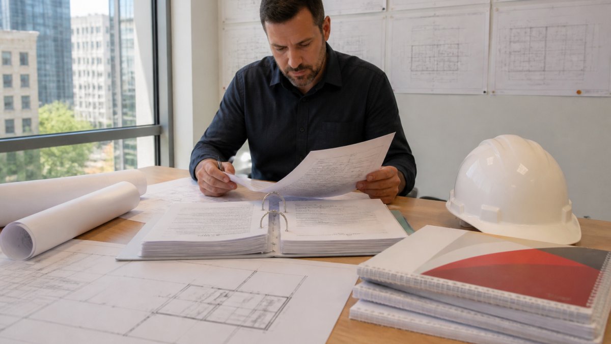 Fire engineer reviewing detailed building plans and fire safety documentation at a desk in a modern office, with architectural drawings and compliance standards visible