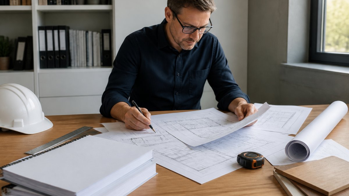 Professional fire engineer reviewing architectural plans and BCA compliance documents at a wooden desk in a modern office with natural window lighting