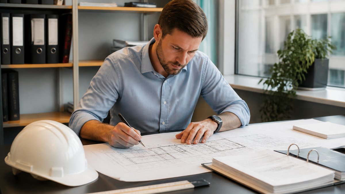 Fire engineer reviewing building floor plans and technical fire safety documentation at desk with computer monitors, architectural drawings, and compliance checklists in modern office setting