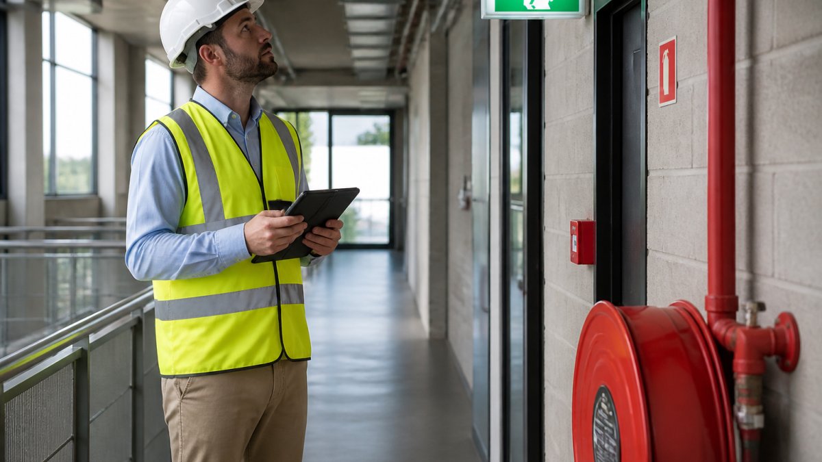 Fire safety engineer conducting a detailed walkthrough inspection of a commercial building interior, examining fire exits, emergency lighting, and evacuation signage in natural daylight