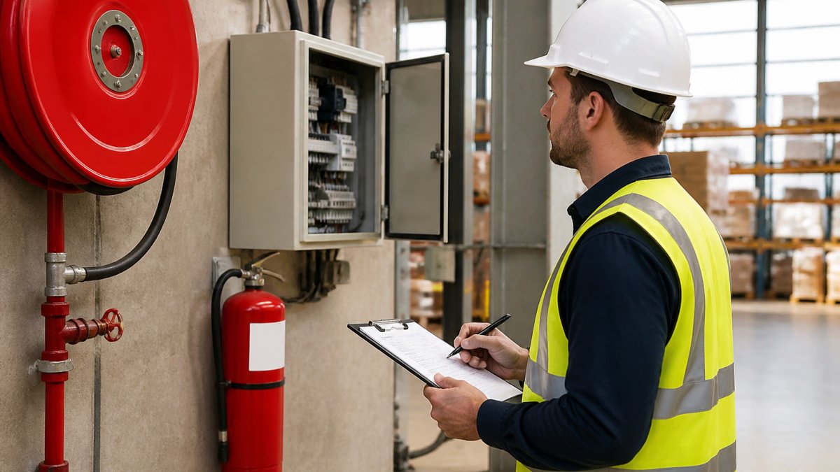 Professional fire safety inspector documenting building assessment with clipboard, examining electrical panel and fire suppression equipment in industrial warehouse setting with natural light from windows