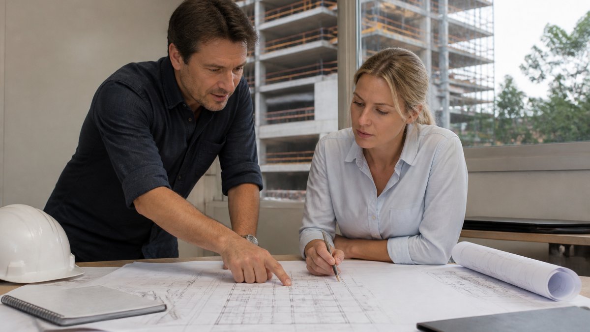 Architect and fire engineer reviewing large building plans together at a site office table, with a mid-rise construction site visible through the window behind them