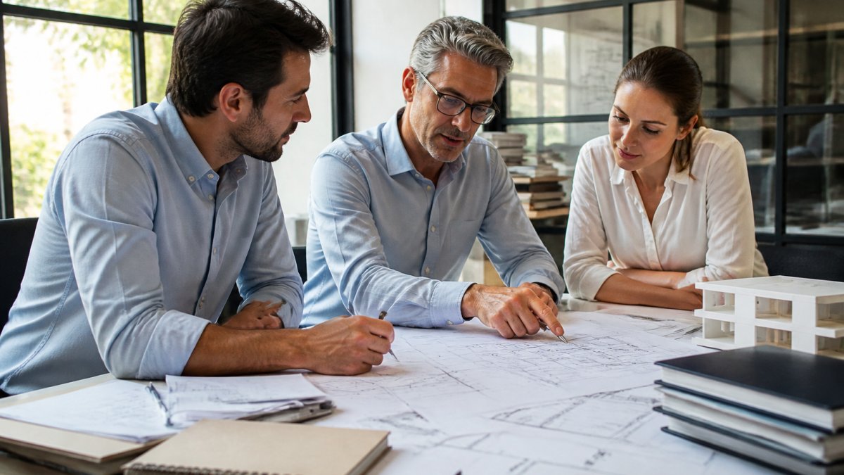 Fire engineering consultant meeting with architect and project manager in modern design studio, reviewing building plans and fire safety documentation spread across a desk with natural light streaming through large windows