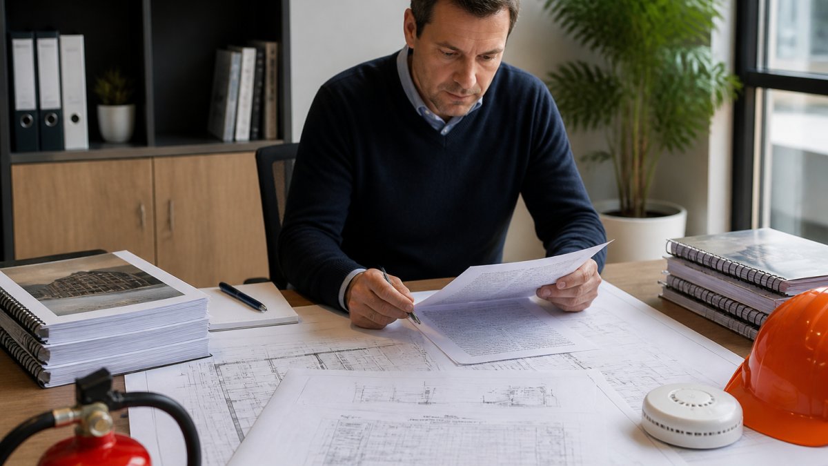 Fire engineer reviewing building plans and fire risk assessment reports at a desk