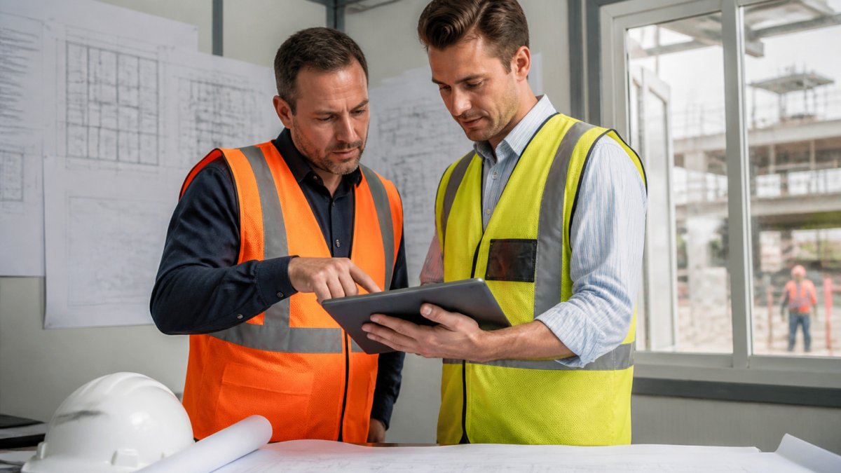 A fire engineer and project manager reviewing building plans on a tablet at a construction site office
