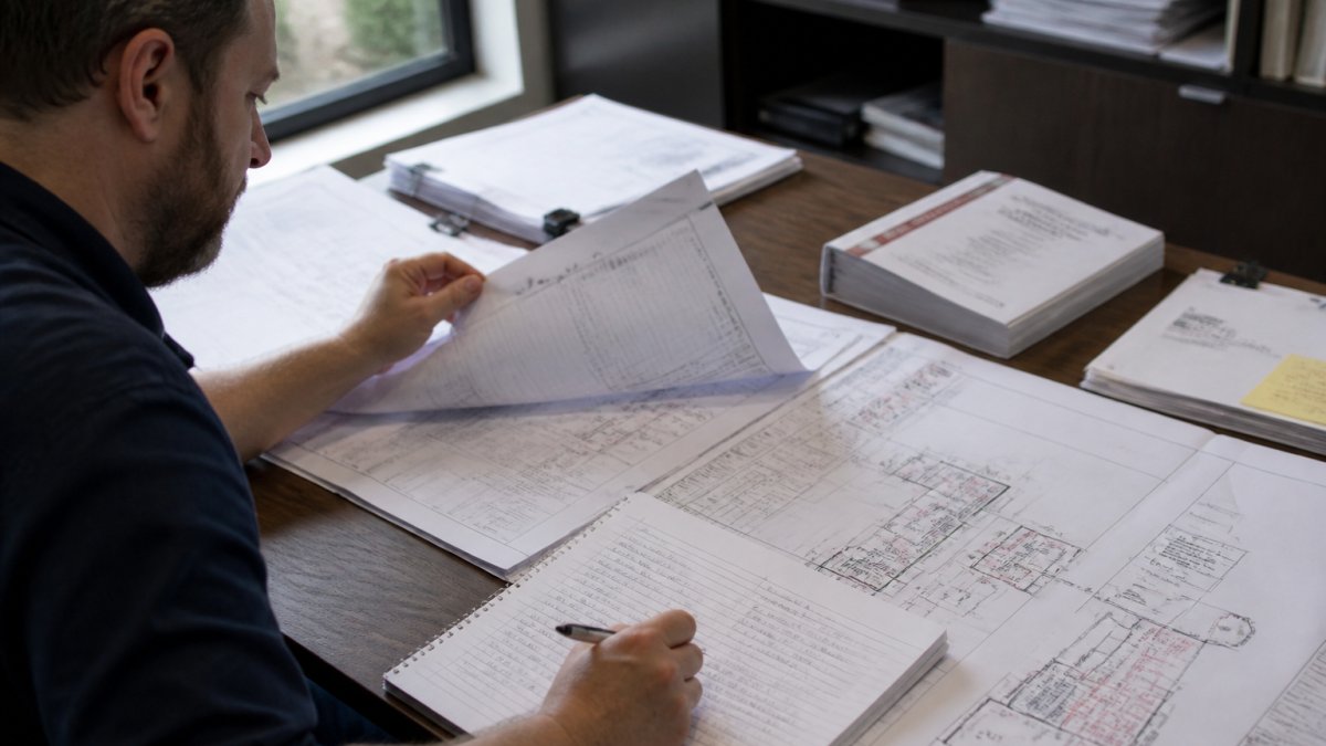 Fire engineer reviewing printed fire engineering documentation and building plans at a desk with compliance standards and detailed notes spread across the surface, natural office lighting
