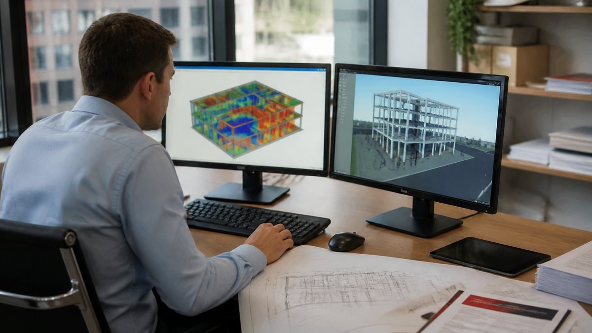 Fire engineer reviewing building evacuation models and fire simulation data on computer workstation in professional consulting office, with architectural drawings and safety reports on desk